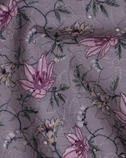 Elegant Purple Floral blended Cotton Lawn Fabric with Embroidery - 110 cm Wide - D19587