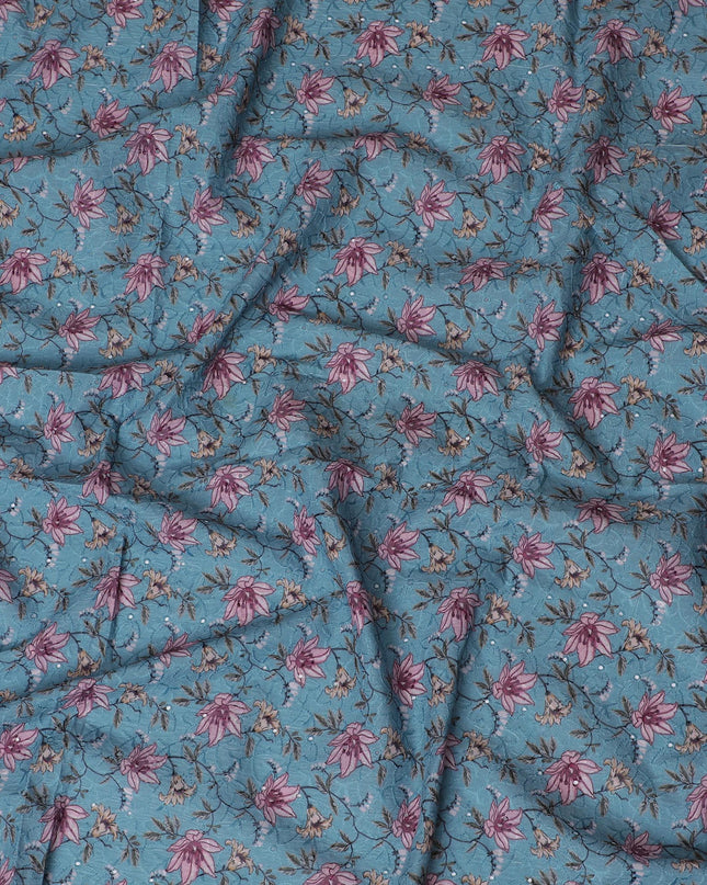 Vibrant Teal Floral blended Cotton Lawn Fabric with Embroidery - 110 cm Wide - D19588