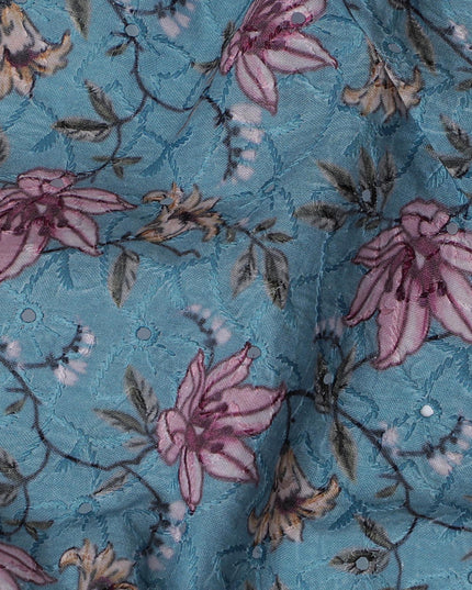 Vibrant Teal Floral blended Cotton Lawn Fabric with Embroidery - 110 cm Wide - D19588