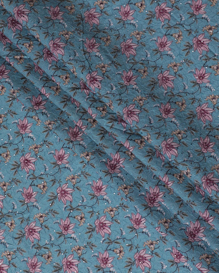 Vibrant Teal Floral blended Cotton Lawn Fabric with Embroidery - 110 cm Wide - D19588