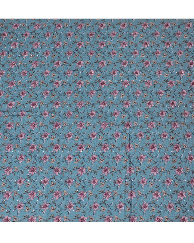 Vibrant Teal Floral blended Cotton Lawn Fabric with Embroidery - 110 cm Wide - D19588