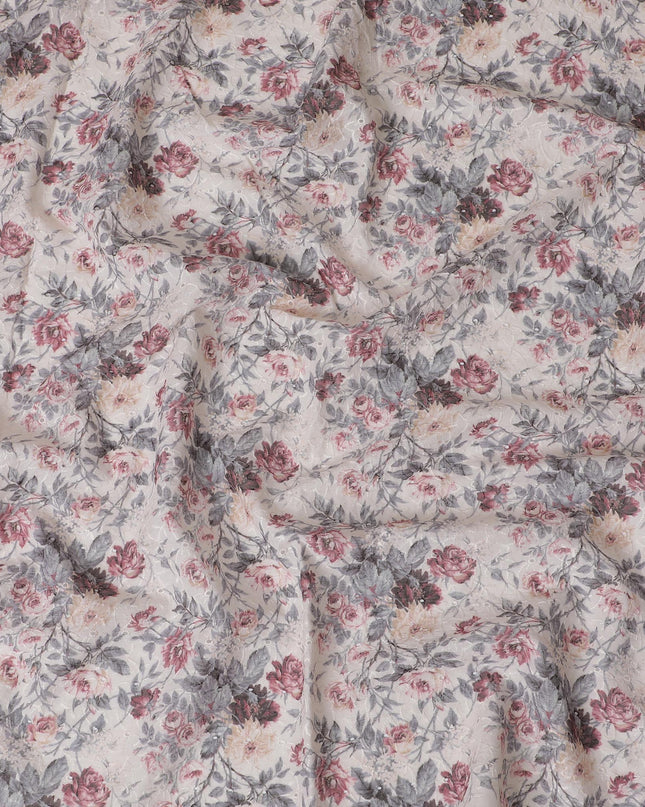 Charming Ivory Floral blended Cotton Lawn Fabric with Embroidery - 110 cm Wide - D19589