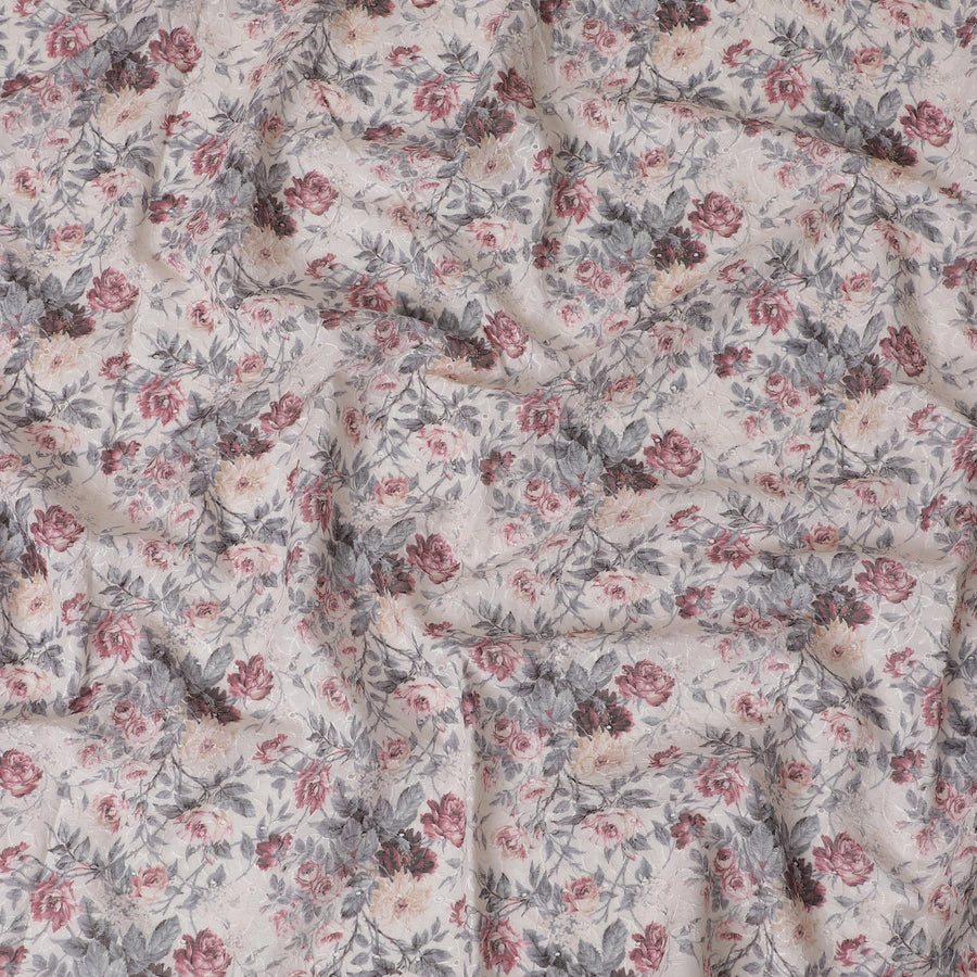 قماش قطني مخلوط بزهور عاجية ساحرة مع تطريز - عرض 110 سم - D19589