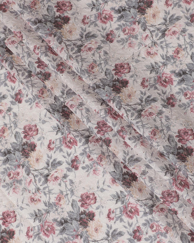 Charming Ivory Floral blended Cotton Lawn Fabric with Embroidery - 110 cm Wide - D19589