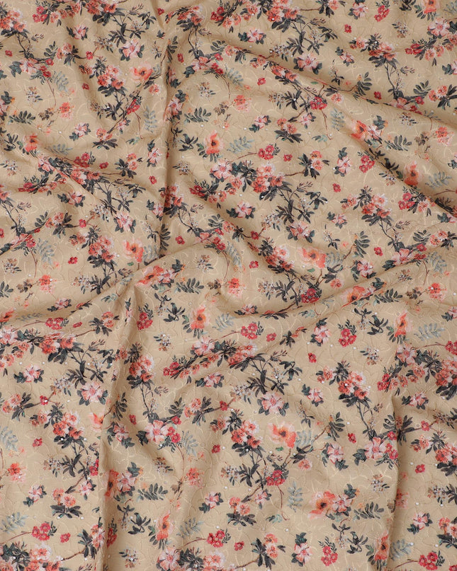 Charming Beige Floral blended Cotton Lawn Fabric with Embroidery - 110 cm Wide - D19590