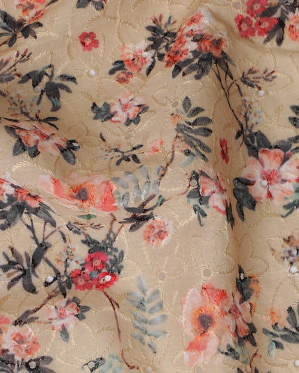 Charming Beige Floral blended Cotton Lawn Fabric with Embroidery - 110 cm Wide - D19590