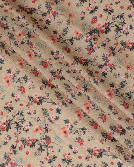 Charming Beige Floral blended Cotton Lawn Fabric with Embroidery - 110 cm Wide - D19590