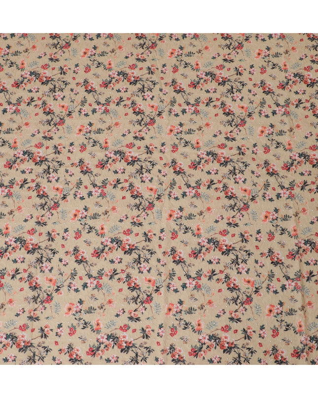 Charming Beige Floral blended Cotton Lawn Fabric with Embroidery - 110 cm Wide - D19590