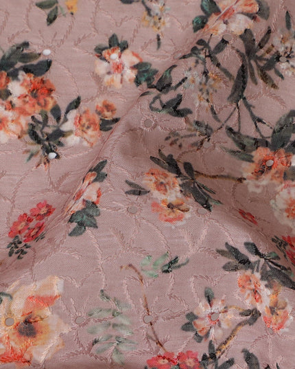 Blush Pink Floral blended Cotton Lawn Fabric with Embroidery - 110 cm Wide - D19591