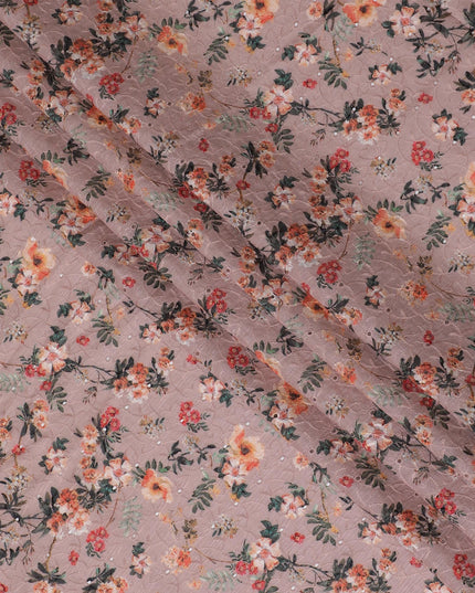 Blush Pink Floral blended Cotton Lawn Fabric with Embroidery - 110 cm Wide - D19591