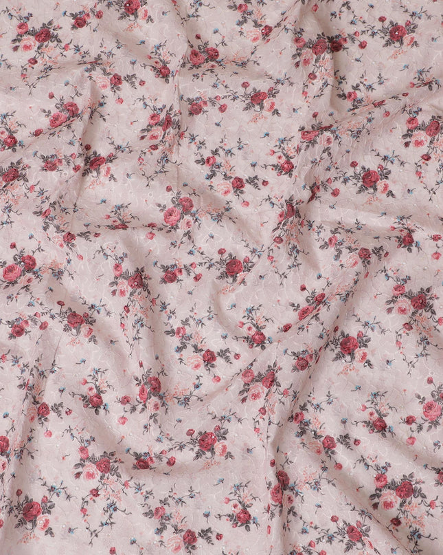 Delicate Light Pink Floral blended Cotton Lawn Fabric with Embroidery - 110 cm Wide - D19592