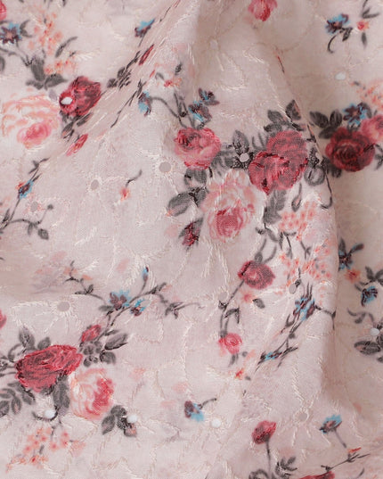 Delicate Light Pink Floral blended Cotton Lawn Fabric with Embroidery - 110 cm Wide - D19592