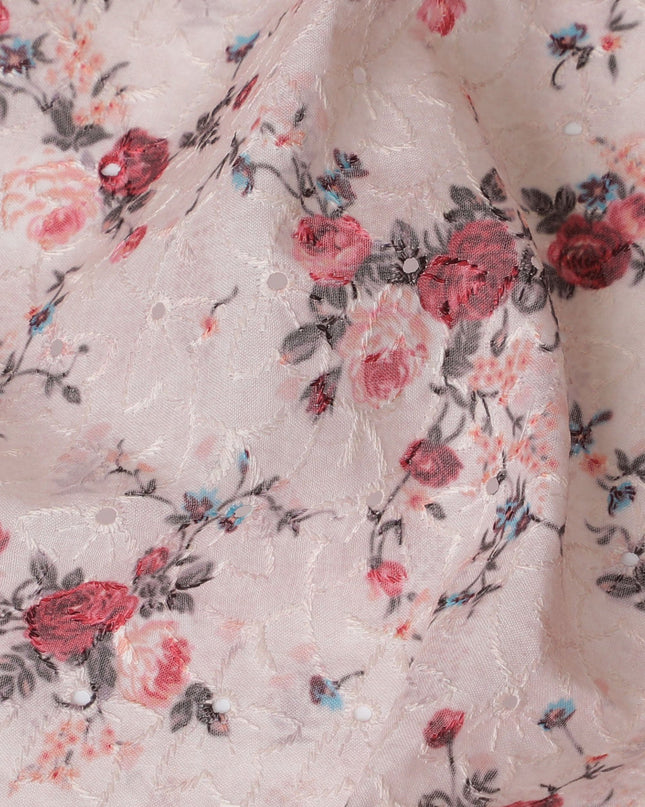 Delicate Light Pink Floral blended Cotton Lawn Fabric with Embroidery - 110 cm Wide - D19592