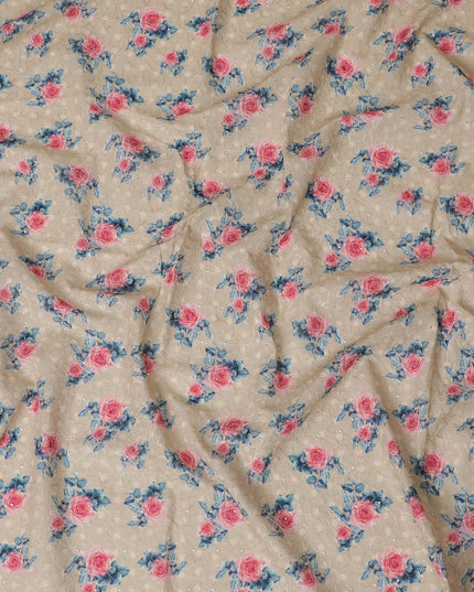 Beige blended Cotton Lawn Fabric with Pink and Blue Floral Embroidery - 110 cm Wide - D19593