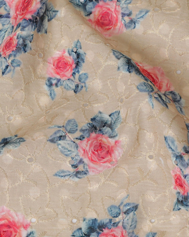 Beige blended Cotton Lawn Fabric with Pink and Blue Floral Embroidery - 110 cm Wide - D19593