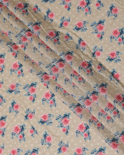 Beige blended Cotton Lawn Fabric with Pink and Blue Floral Embroidery - 110 cm Wide - D19593