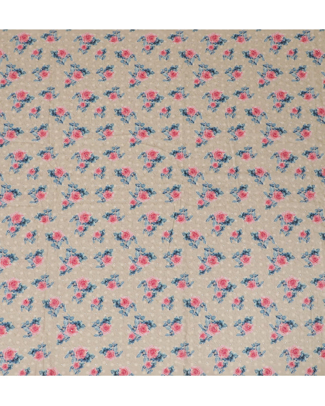 Beige blended Cotton Lawn Fabric with Pink and Blue Floral Embroidery - 110 cm Wide - D19593