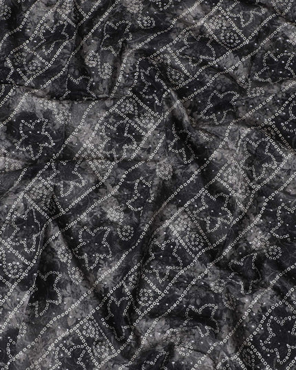 Elegant Black and Grey Patterned blended Cotton Lawn Fabric with Embroidery - 110 cm Wide - D19594