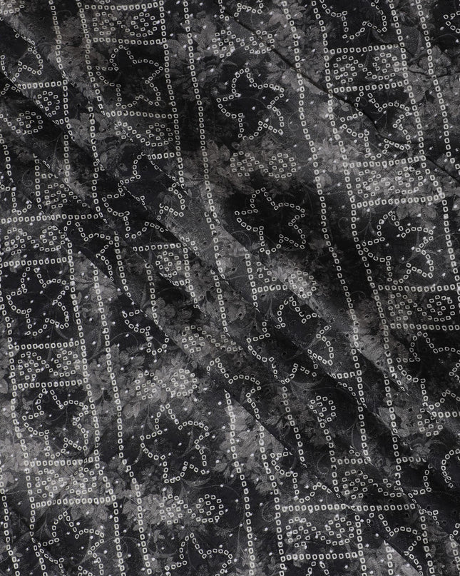 Elegant Black and Grey Patterned blended Cotton Lawn Fabric with Embroidery - 110 cm Wide - D19594