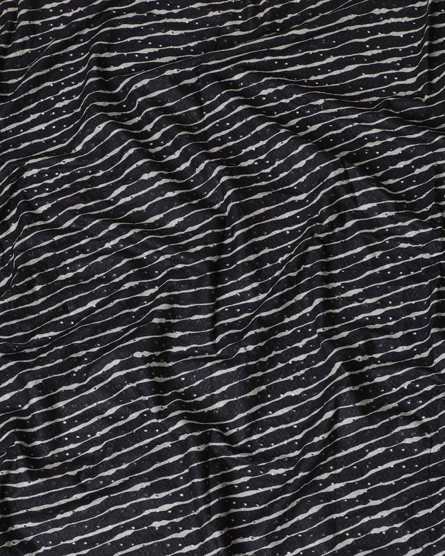 Chic Black and White Striped blended Cotton Lawn Fabric with Embroidery - 110 cm Wide - D19595