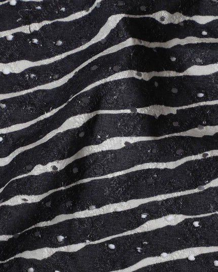 Chic Black and White Striped blended Cotton Lawn Fabric with Embroidery - 110 cm Wide - D19595