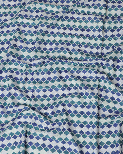 Vibrant Blue and Green Geometric blended Cotton Lawn Fabric with Embroidery - 110 cm Wide - D19596