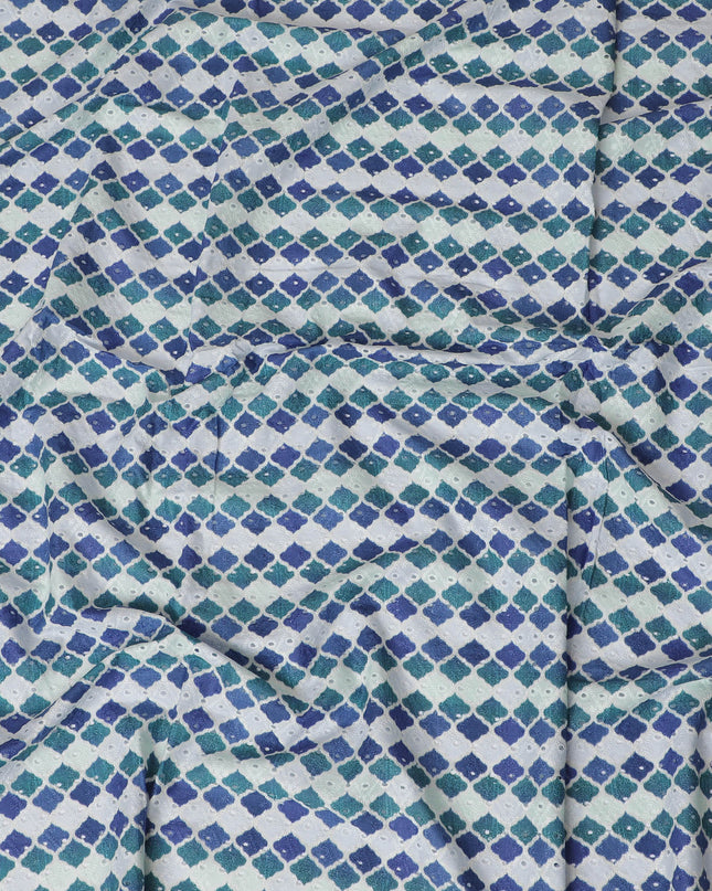 Vibrant Blue and Green Geometric blended Cotton Lawn Fabric with Embroidery - 110 cm Wide - D19596