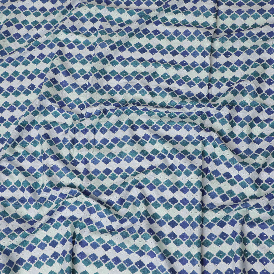 Vibrant Blue and Green Geometric blended Cotton Lawn Fabric with Embroidery - 110 cm Wide - D19596 Regal Fabrics