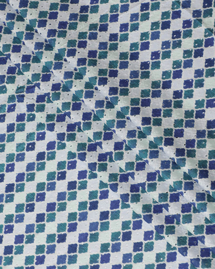 Vibrant Blue and Green Geometric blended Cotton Lawn Fabric with Embroidery - 110 cm Wide - D19596