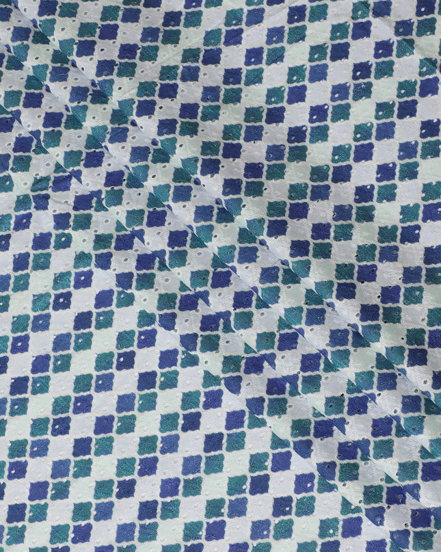 Vibrant Blue and Green Geometric blended Cotton Lawn Fabric with Embroidery - 110 cm Wide - D19596