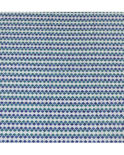 Vibrant Blue and Green Geometric blended Cotton Lawn Fabric with Embroidery - 110 cm Wide - D19596