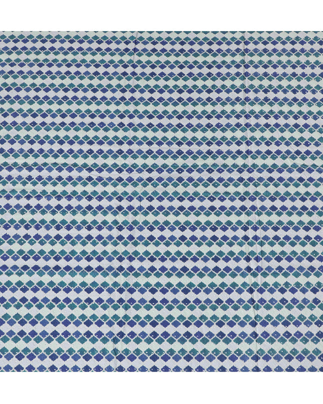 Vibrant Blue and Green Geometric blended Cotton Lawn Fabric with Embroidery - 110 cm Wide - D19596