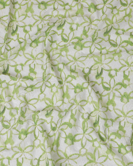 Fresh Green Geometric blended Cotton Lawn Fabric with Embroidery - 110 cm Wide - D19597