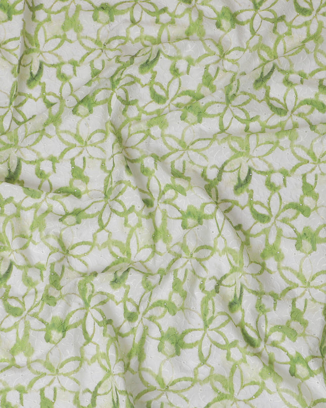 Fresh Green Geometric blended Cotton Lawn Fabric with Embroidery - 110 cm Wide - D19597