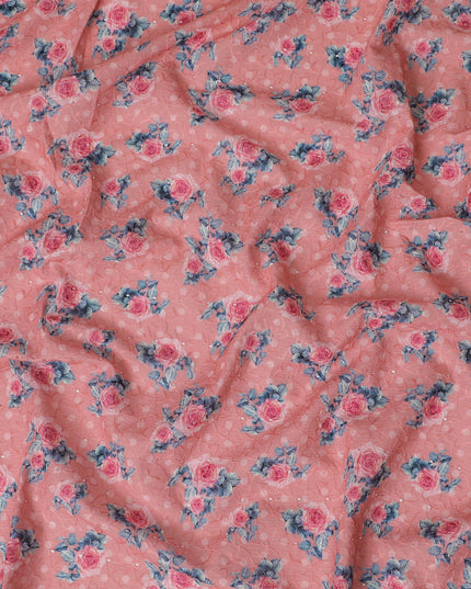 Vibrant Pink Floral blended Cotton Lawn Fabric with Embroidery - 110 cm Wide - D19598