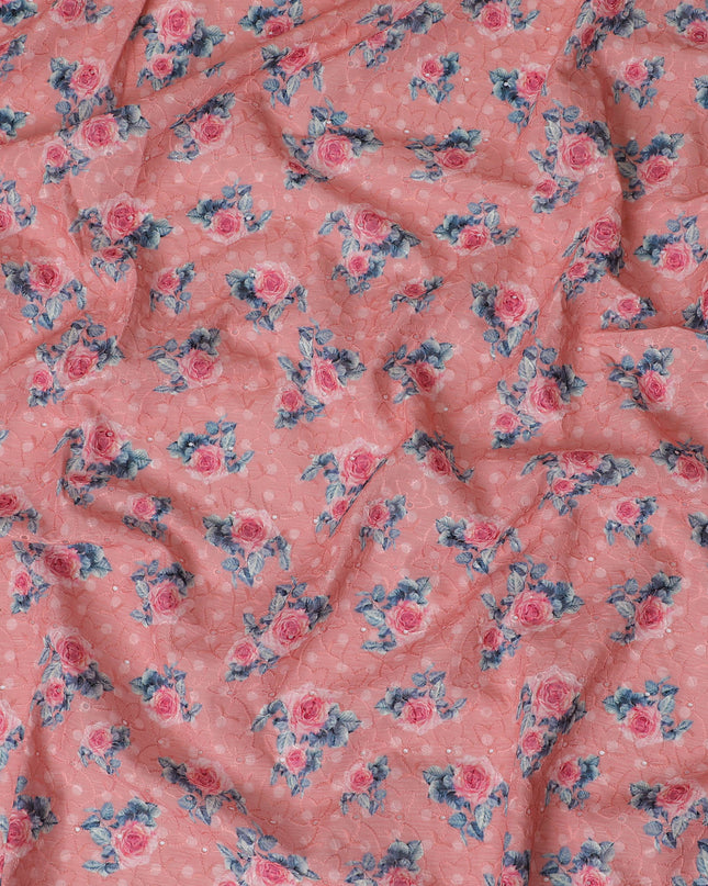 Vibrant Pink Floral blended Cotton Lawn Fabric with Embroidery - 110 cm Wide - D19598