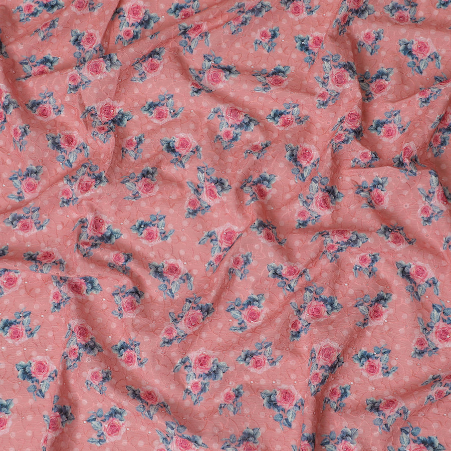Vibrant Pink Floral blended Cotton Lawn Fabric with Embroidery - 110 cm Wide - D19598
