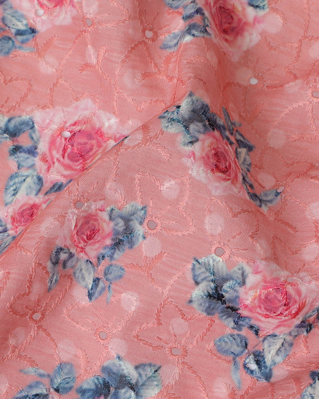 Vibrant Pink Floral blended Cotton Lawn Fabric with Embroidery - 110 cm Wide - D19598