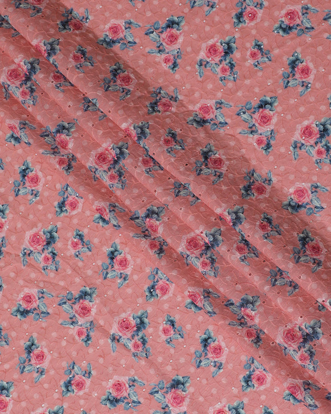 Vibrant Pink Floral blended Cotton Lawn Fabric with Embroidery - 110 cm Wide - D19598