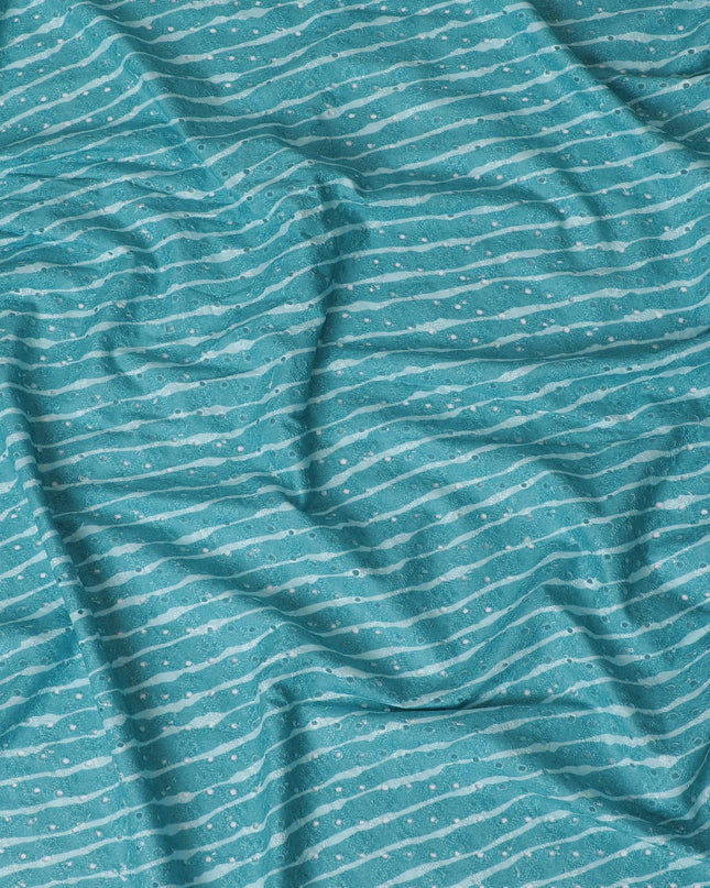 Aqua Blue Striped blended Cotton Lawn Fabric with Embroidery - 110 cm Wide - D19599