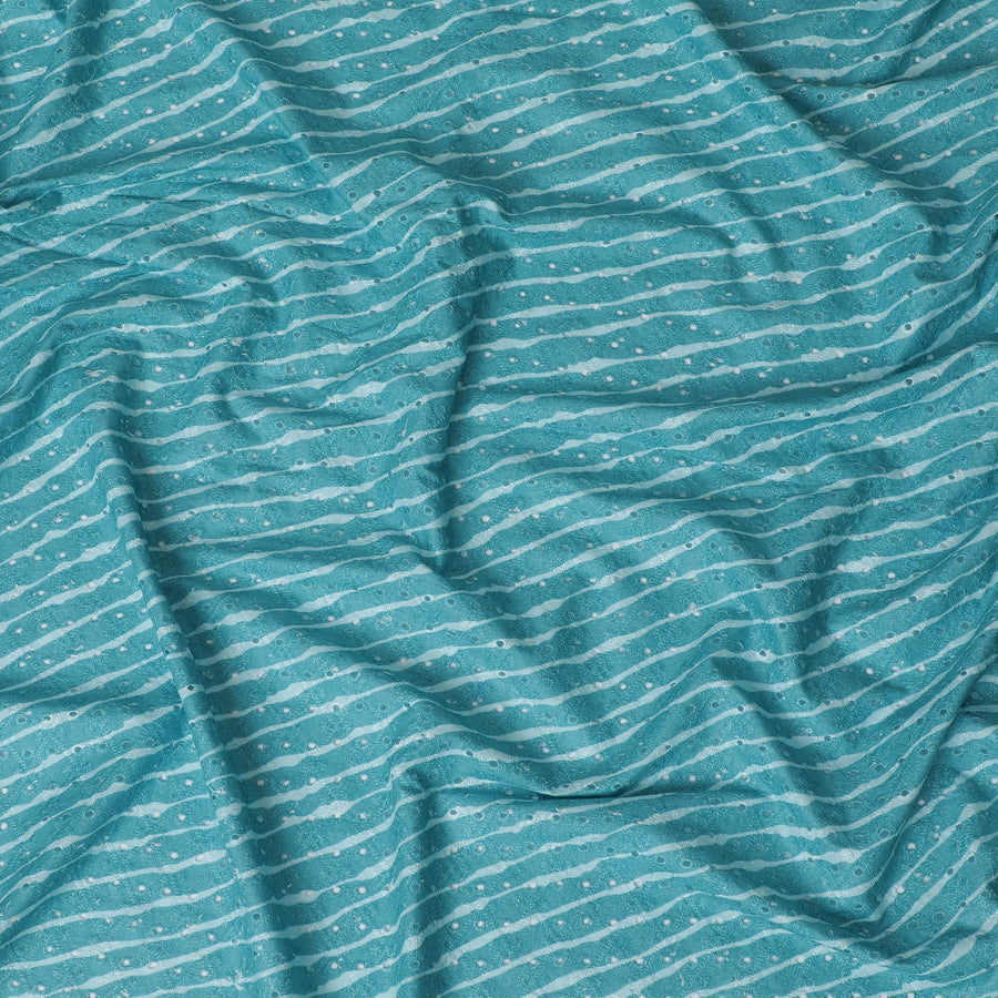 Aqua Blue Striped blended Cotton Lawn Fabric with Embroidery - 110 cm Wide - D19599