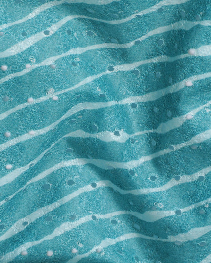 Aqua Blue Striped blended Cotton Lawn Fabric with Embroidery - 110 cm Wide - D19599