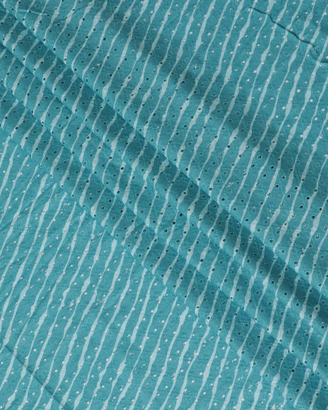 Aqua Blue Striped blended Cotton Lawn Fabric with Embroidery - 110 cm Wide - D19599