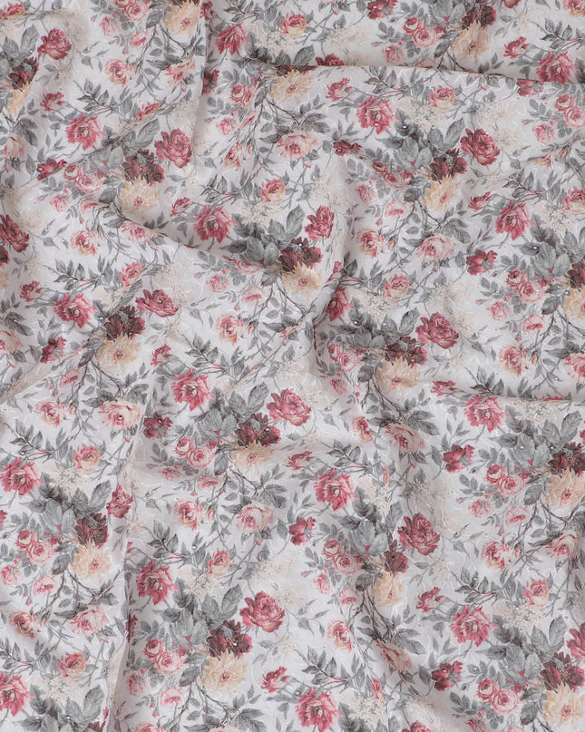 Romantic Floral blended Cotton Lawn Fabric with Embroidery - 110 cm Wide - D19600