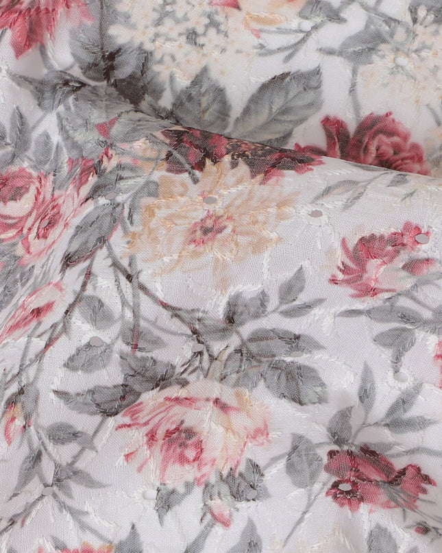 Romantic Floral blended Cotton Lawn Fabric with Embroidery - 110 cm Wide - D19600