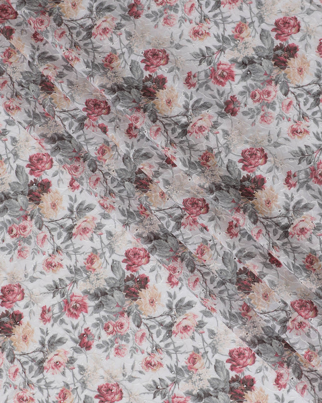 Romantic Floral blended Cotton Lawn Fabric with Embroidery - 110 cm Wide - D19600