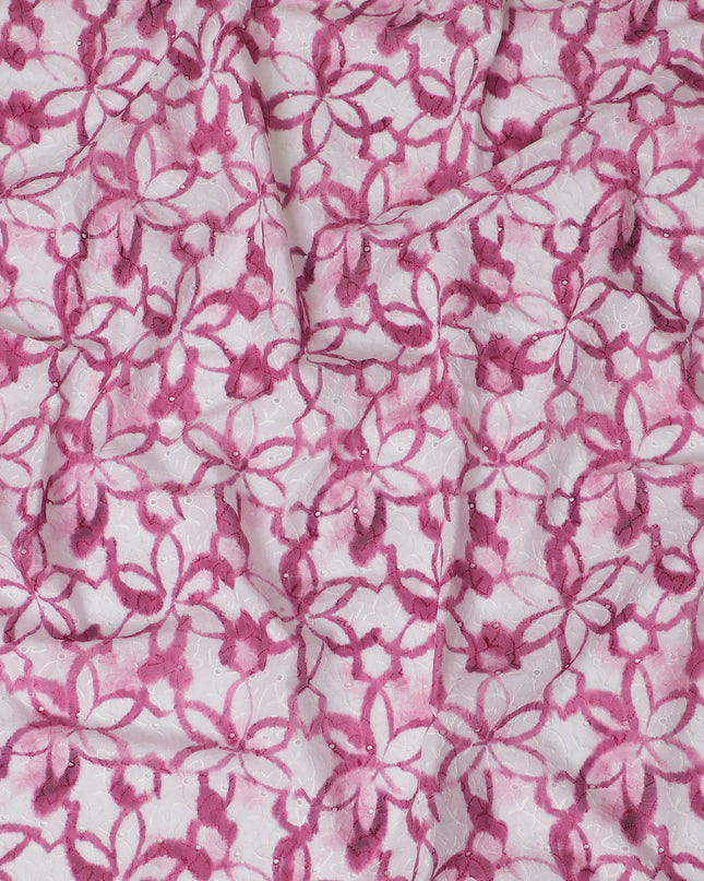 Vibrant Pink Geometric blended Cotton Lawn Fabric with Embroidery - 110 cm Wide - D19601