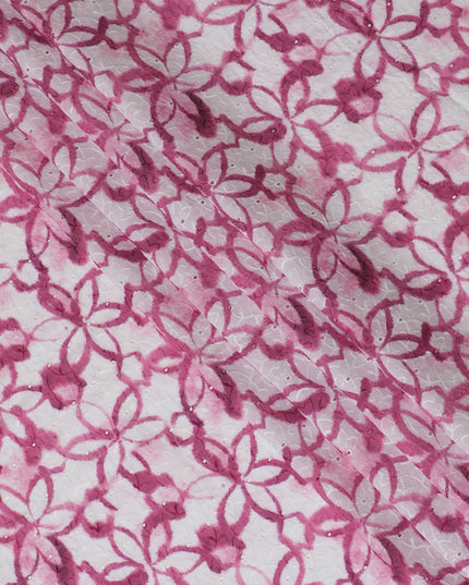 Vibrant Pink Geometric blended Cotton Lawn Fabric with Embroidery - 110 cm Wide - D19601