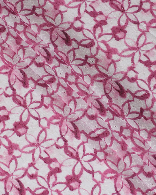 Vibrant Pink Geometric blended Cotton Lawn Fabric with Embroidery - 110 cm Wide - D19601