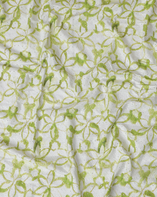 Fresh Green Geometric blended Cotton Lawn Fabric with Embroidery - 110 cm Wide - D19602